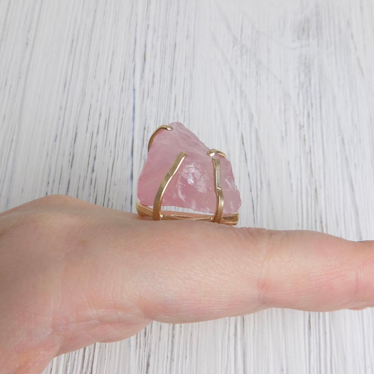 Light Pink Raw Rose Quartz Gemstone Ring Adjustable Gold Plated, G14-273