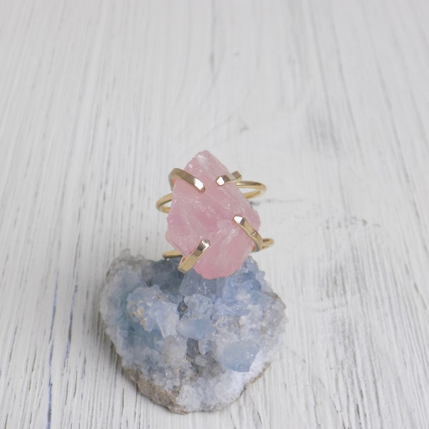 Light Pink Raw Rose Quartz Gemstone Ring Adjustable Gold Plated, G14-273