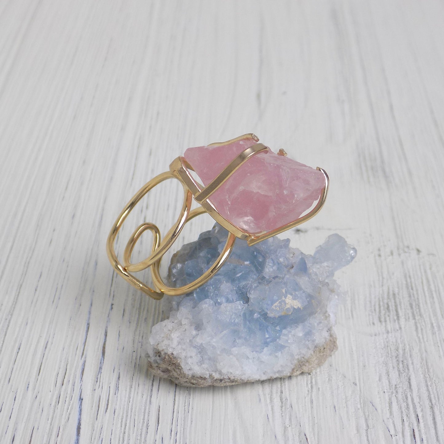 Light Pink Raw Rose Quartz Gemstone Ring Adjustable Gold Plated, G14-273