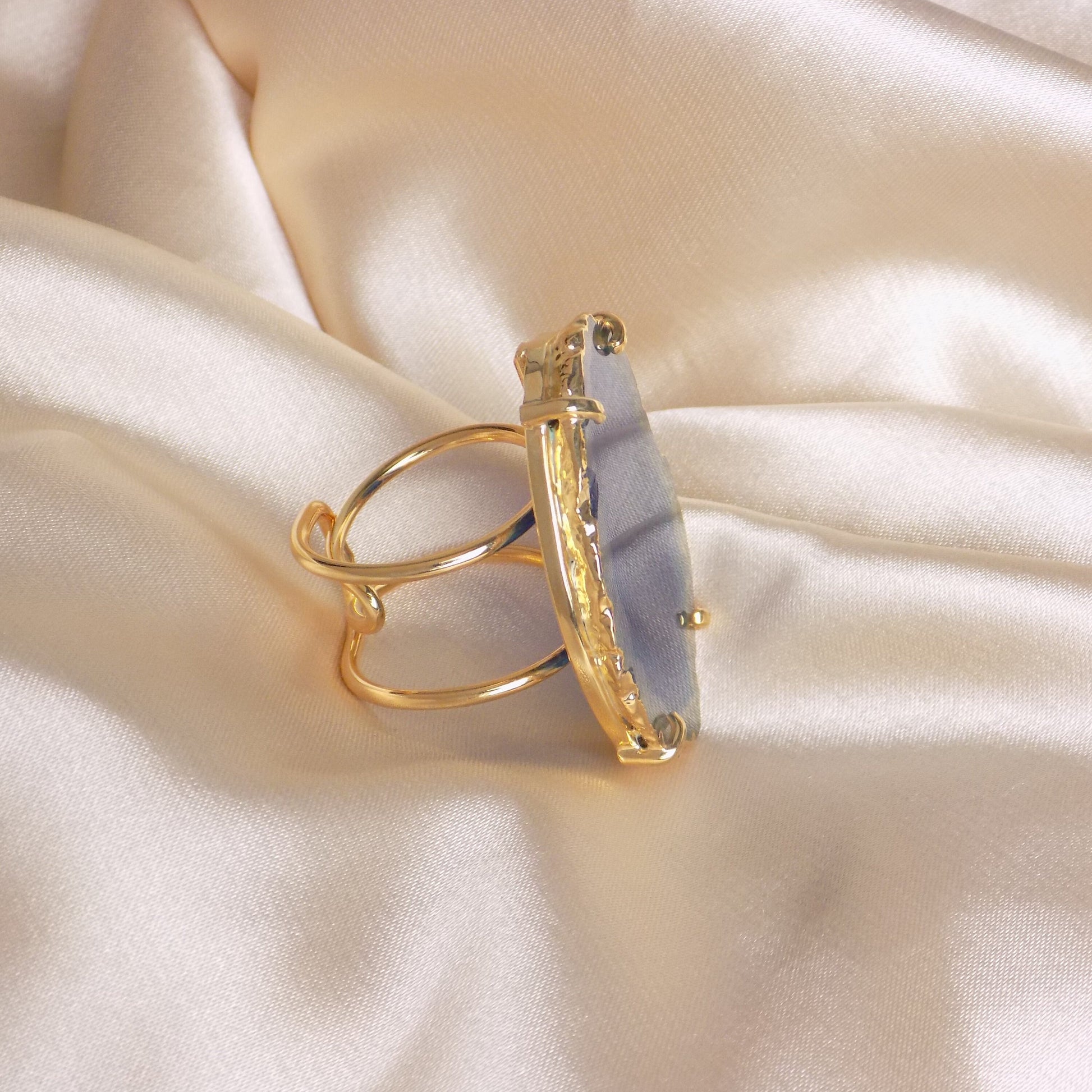 Boho Sliced Agate Ring Gold Adjustable, Blue Agate Statement Ring Geode, Large Gemstone Calming Crystal, G14-234