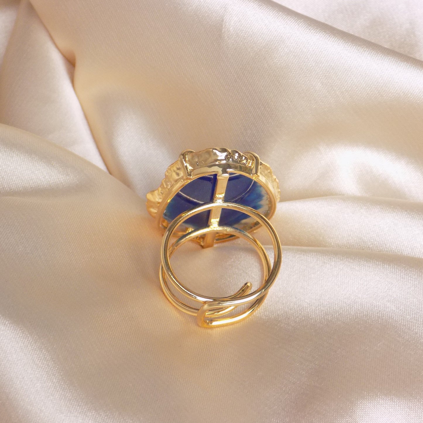 Boho Sliced Agate Ring Gold Adjustable, Blue Agate Statement Ring Geode, Large Gemstone Calming Crystal, G14-234