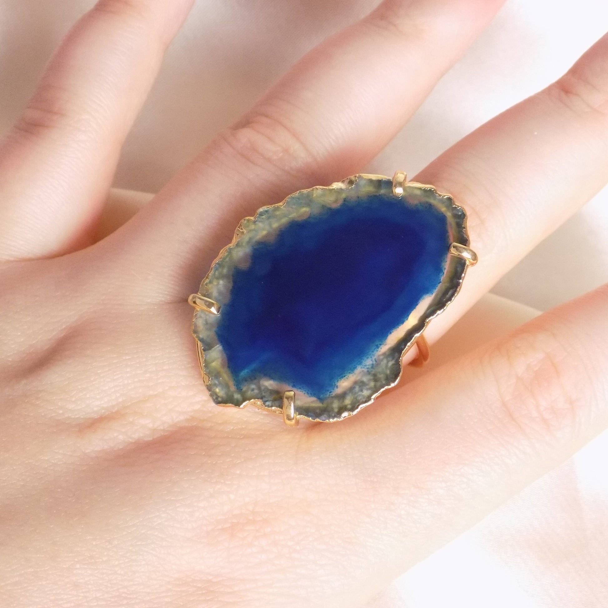 Boho Sliced Agate Ring Gold Adjustable, Blue Agate Statement Ring Geode, Large Gemstone Calming Crystal, G14-234