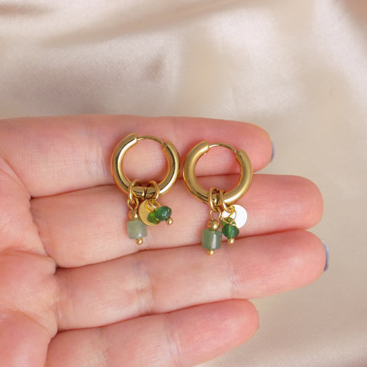 Small Gold Hoop Earrings, Green Aventurine Earrings, Minimalist Birthday Gift For Her, M7-305