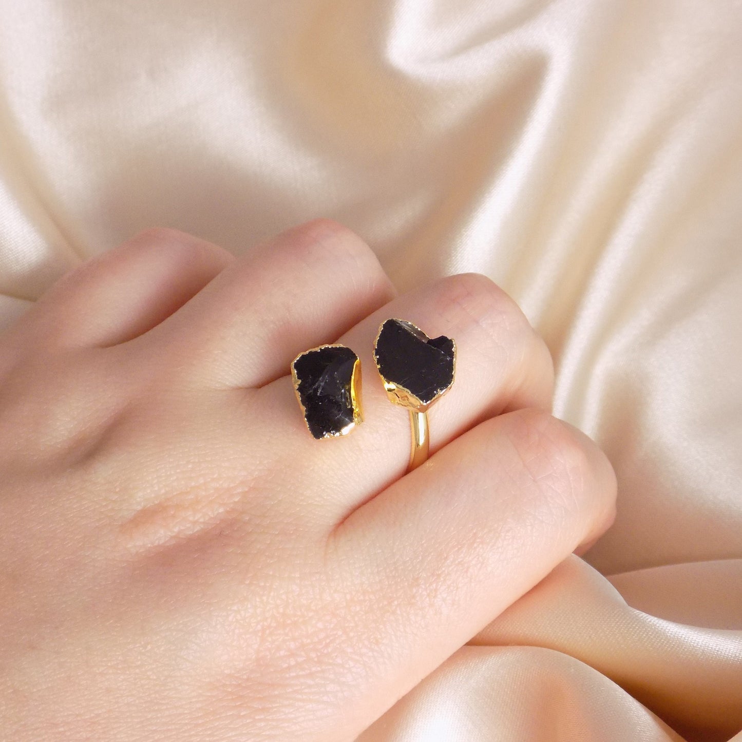 Raw Black Obsidian Ring, Rough Crystal Ring Gold Plated Adjustable, Boho Gemstone, Gift For Her, M7-309