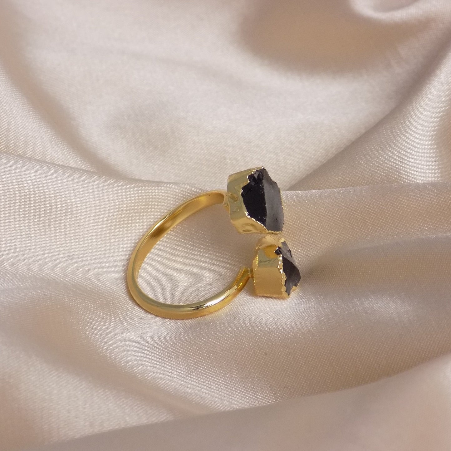Raw Black Obsidian Ring, Rough Crystal Ring Gold Plated Adjustable, Boho Gemstone, Gift For Her, M7-309