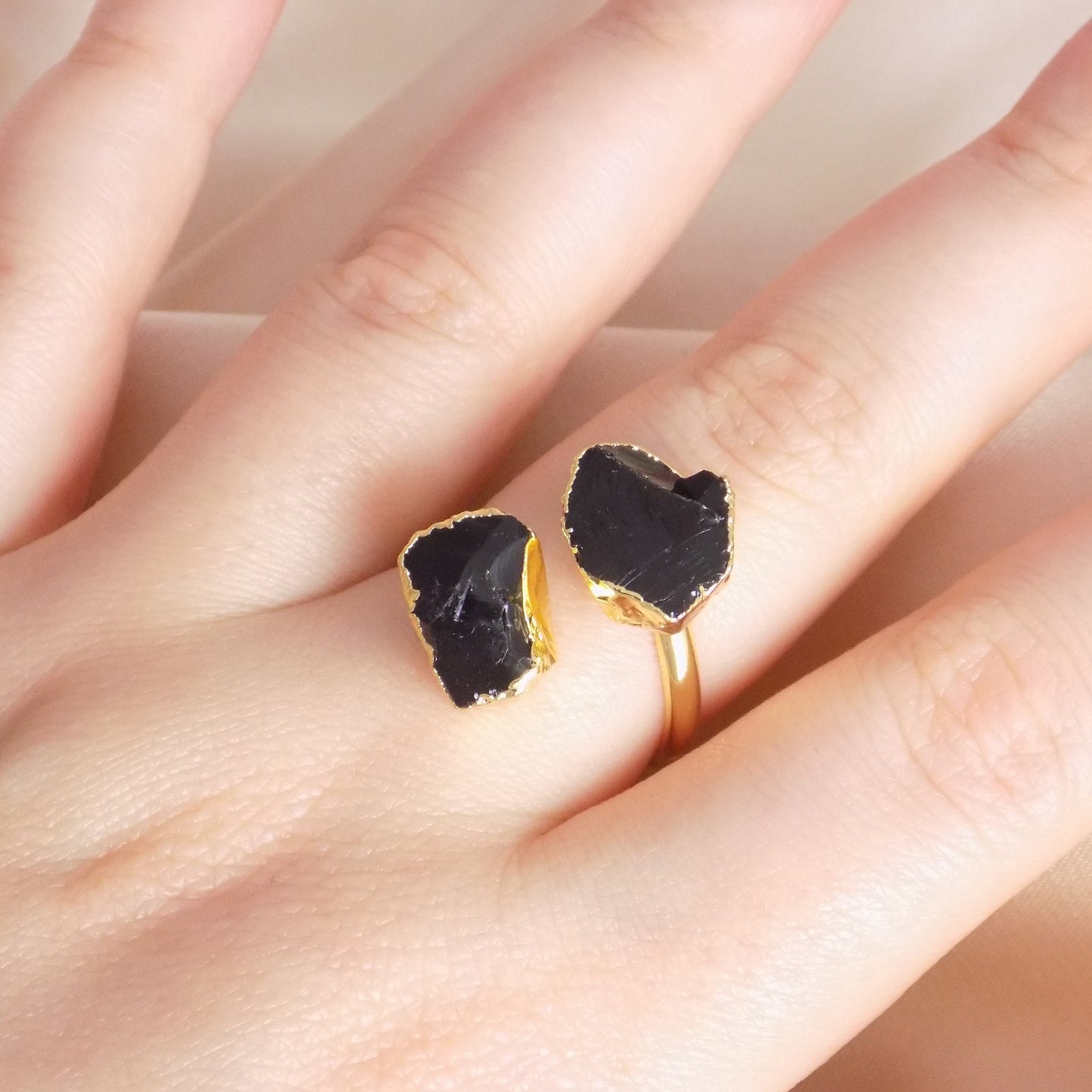 Raw Black Obsidian Ring, Rough Crystal Ring Gold Plated Adjustable, Boho Gemstone, Gift For Her, M7-309