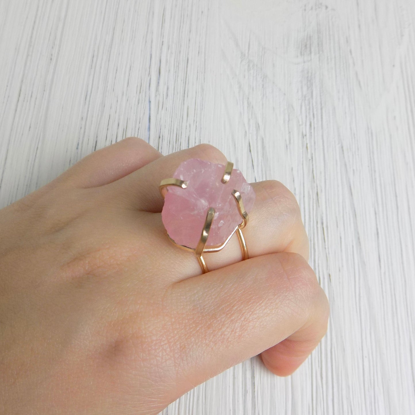 Light Pink Raw Rose Quartz Gemstone Ring Adjustable Gold Plated, G14-273