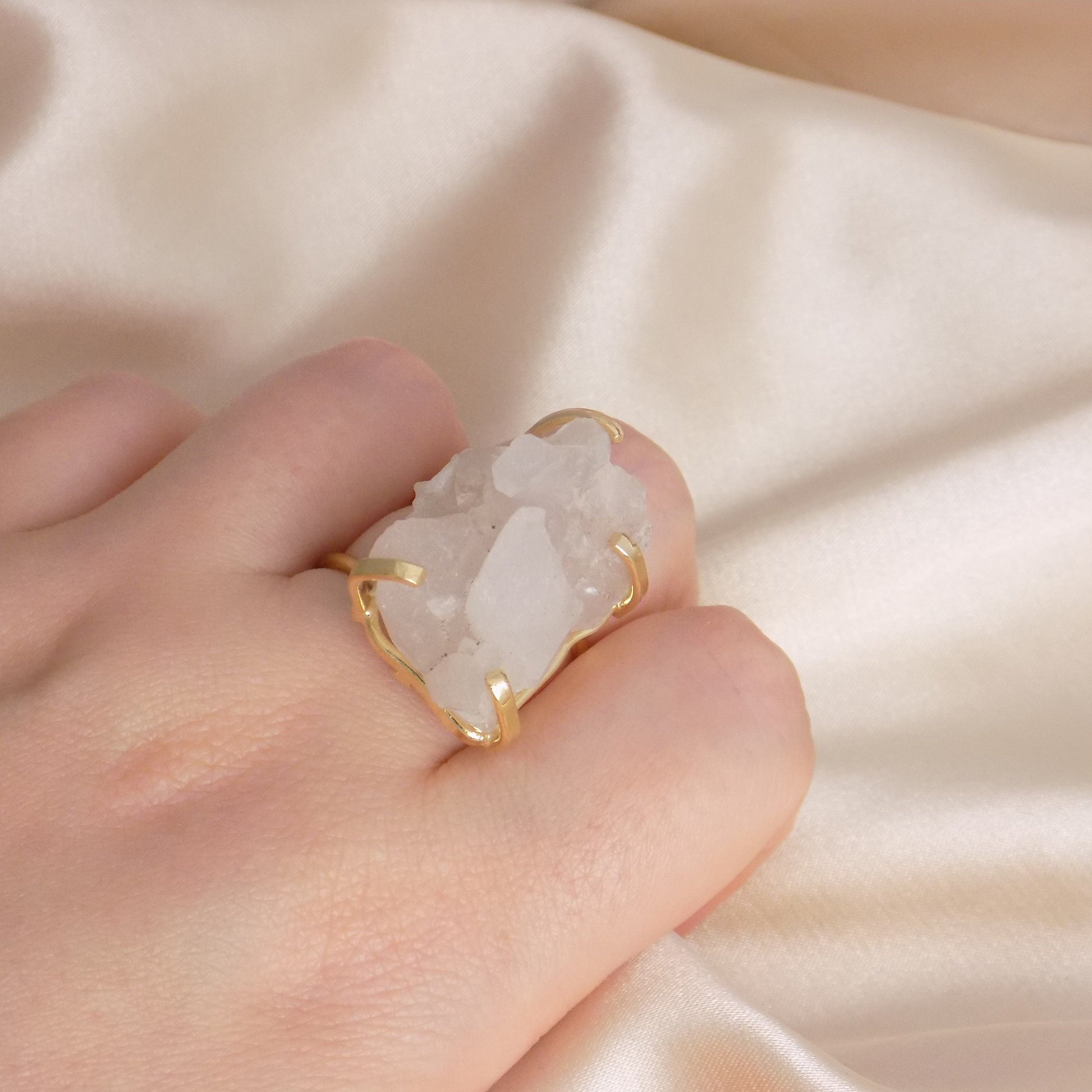 Unique Raw Crystal Quartz Ring - Gold Adjust Raw Stone Ring