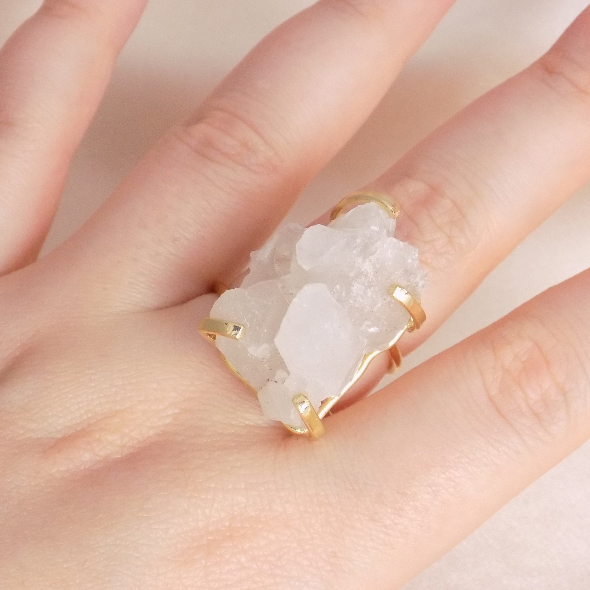 Unique Raw Crystal Quartz Ring - Gold Adjust Raw Stone Ring