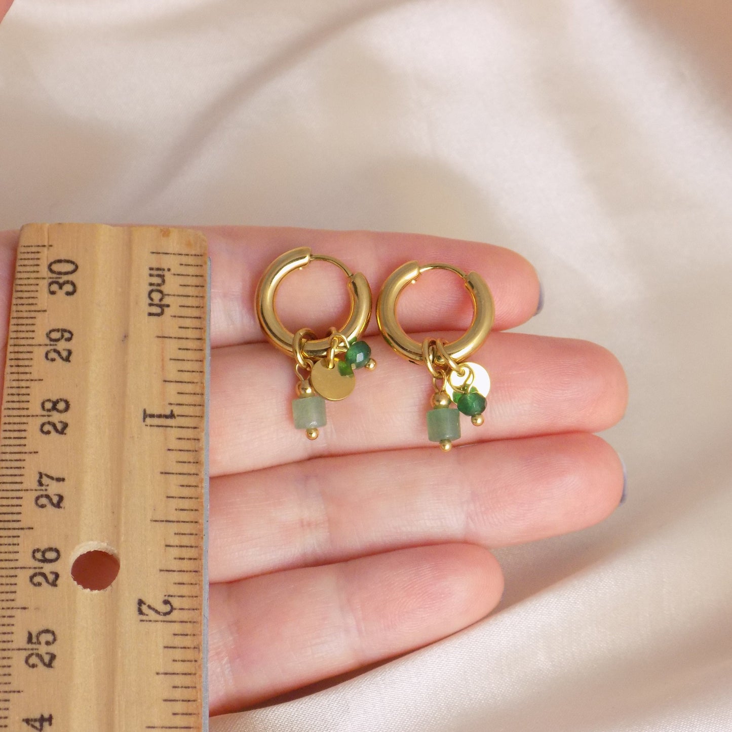 Small Gold Hoop Earrings, Green Aventurine Earrings, Minimalist Birthday Gift For Her, M7-305