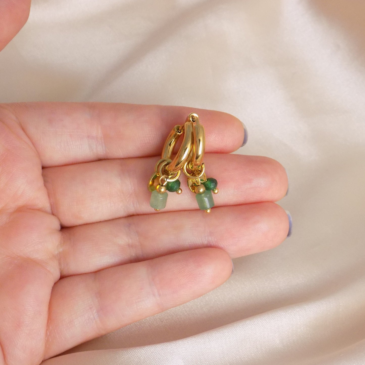 Small Gold Hoop Earrings, Green Aventurine Earrings, Minimalist Birthday Gift For Her, M7-305