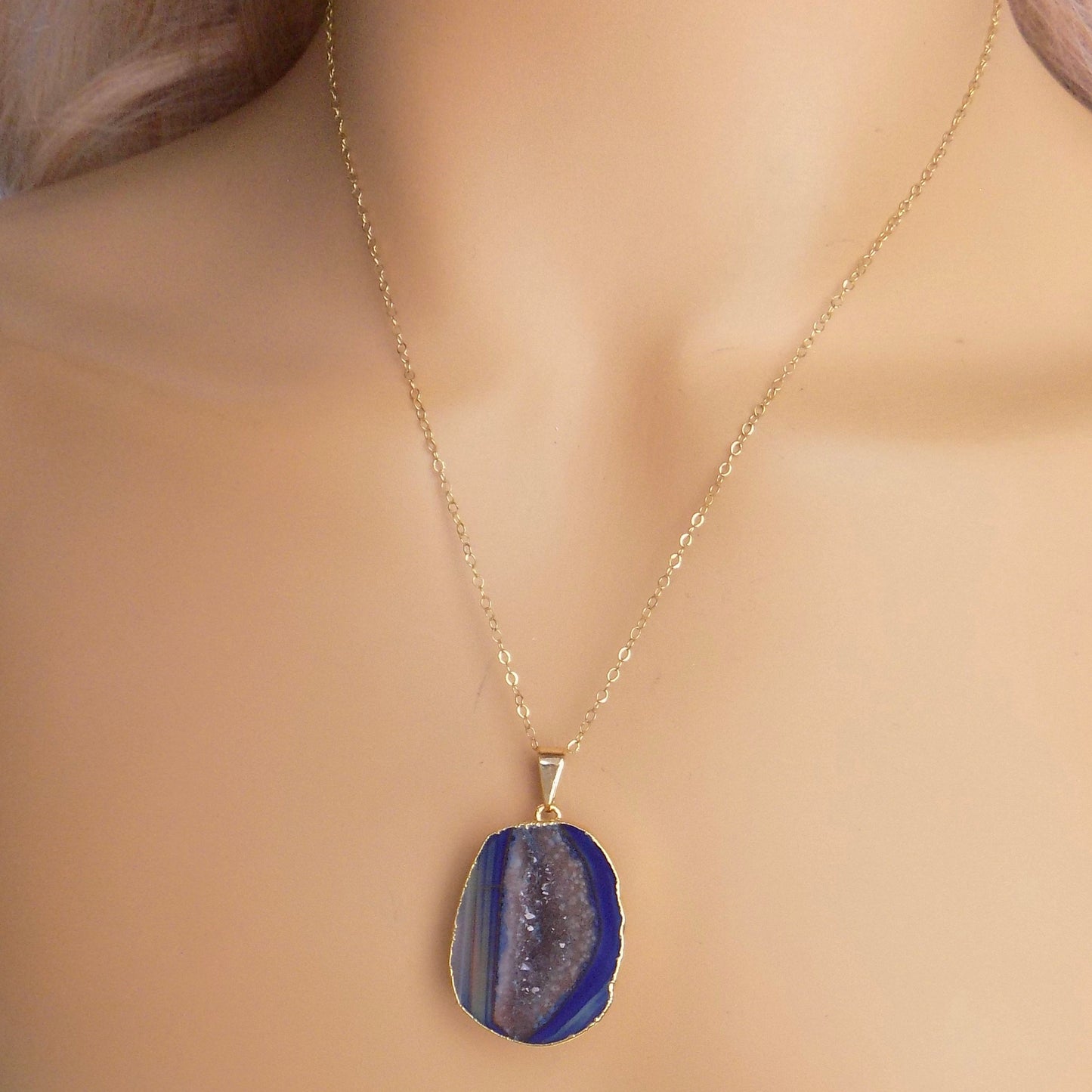 Boho Raw Crystal Natural Geode Necklace For Women, Blue Druzy Pendant, G15-347