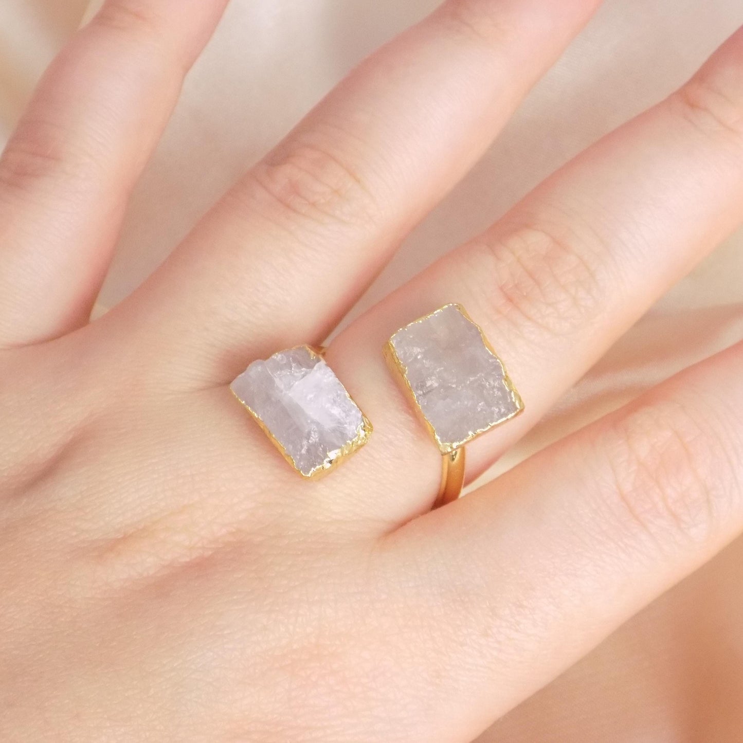 Raw Rose Quartz Ring, Rough Crystal Ring Gold Plated Adjustable, Boho Gemstone, Gift For Her, M7-397