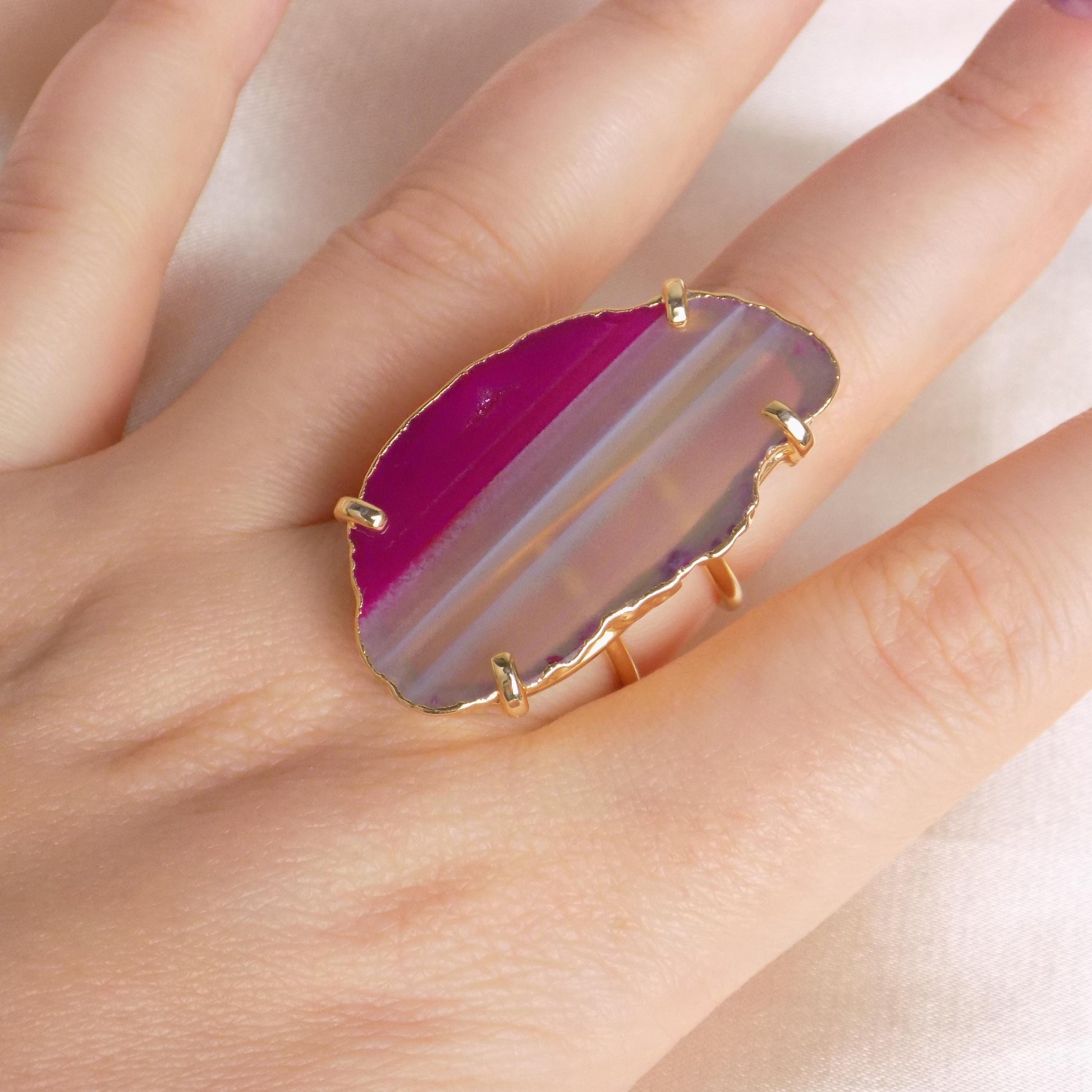 Bohemian Pink Agate Ring Gold - Geode Slice Statement Ring