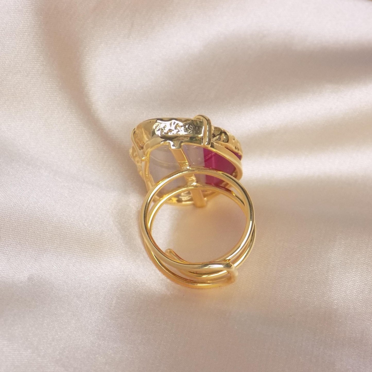 Bohemian Pink Agate Ring Gold - Geode Slice Statement Ring