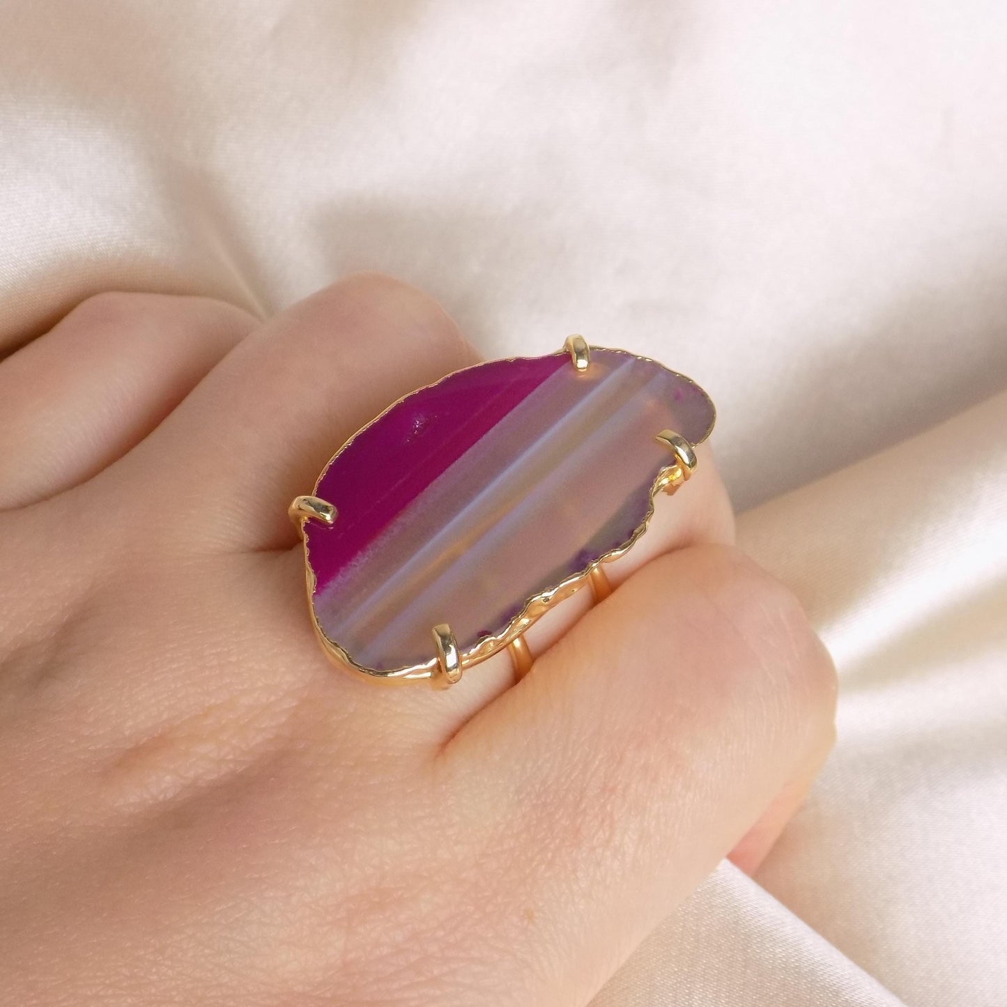 Bohemian Pink Agate Ring Gold - Geode Slice Statement Ring