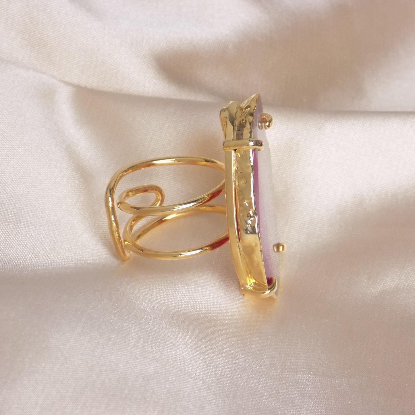 Bohemian Pink Agate Ring Gold - Geode Slice Statement Ring