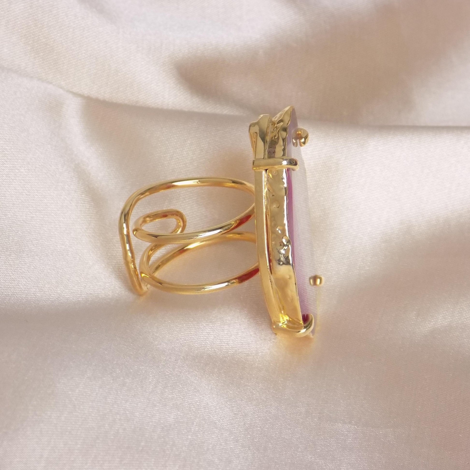 Bohemian Pink Agate Ring Gold - Geode Slice Statement Ring