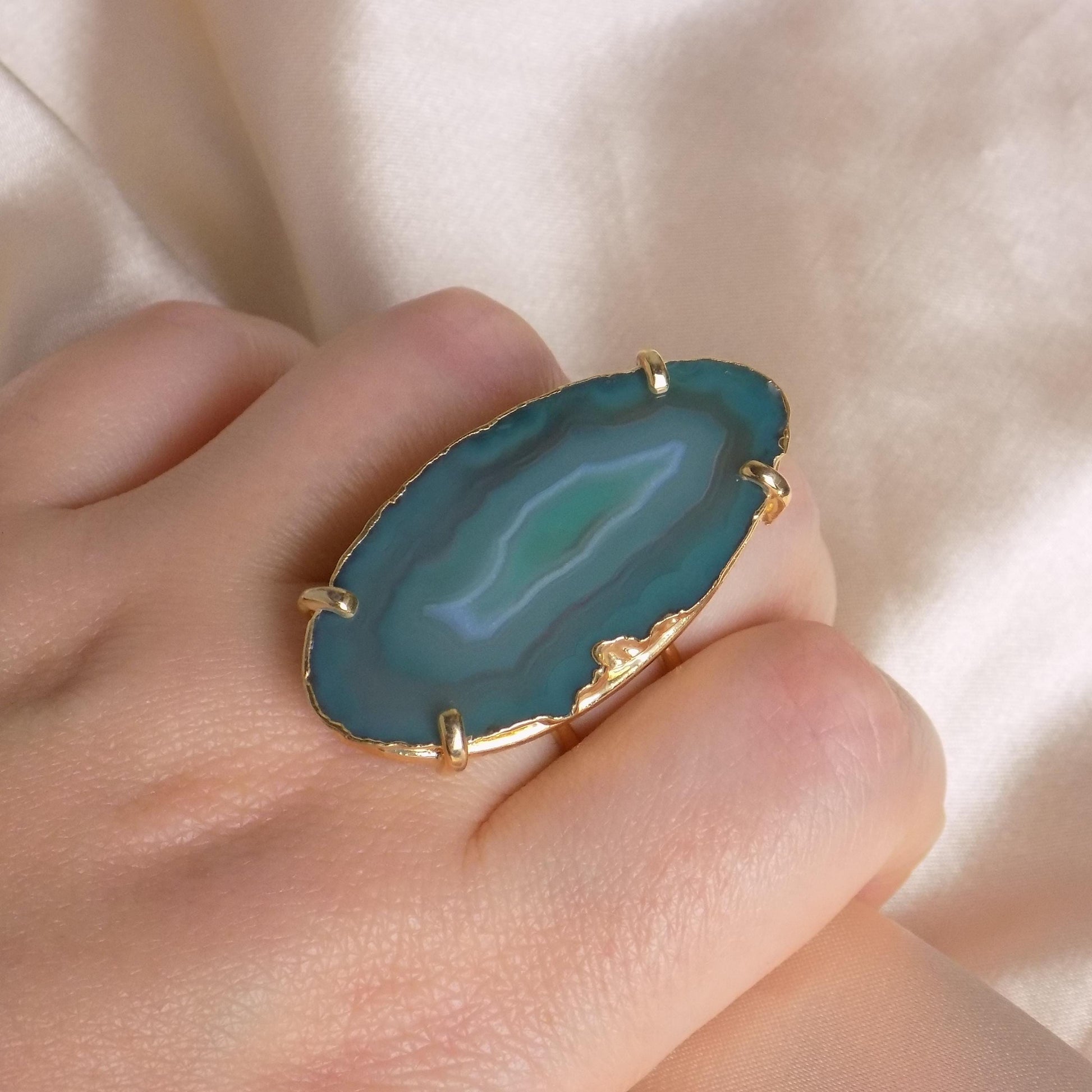 Unique Green Agate Ring Statement, Sliced Geode Ring, Boho Large Stone, Raw Crystal Ring Gold Adjustable, G15-163