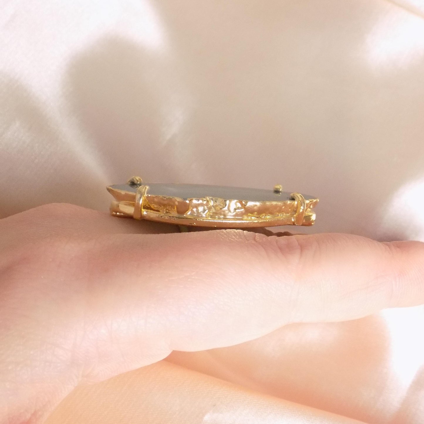 Unique Green Agate Ring Statement, Sliced Geode Ring, Boho Large Stone, Raw Crystal Ring Gold Adjustable, G15-163