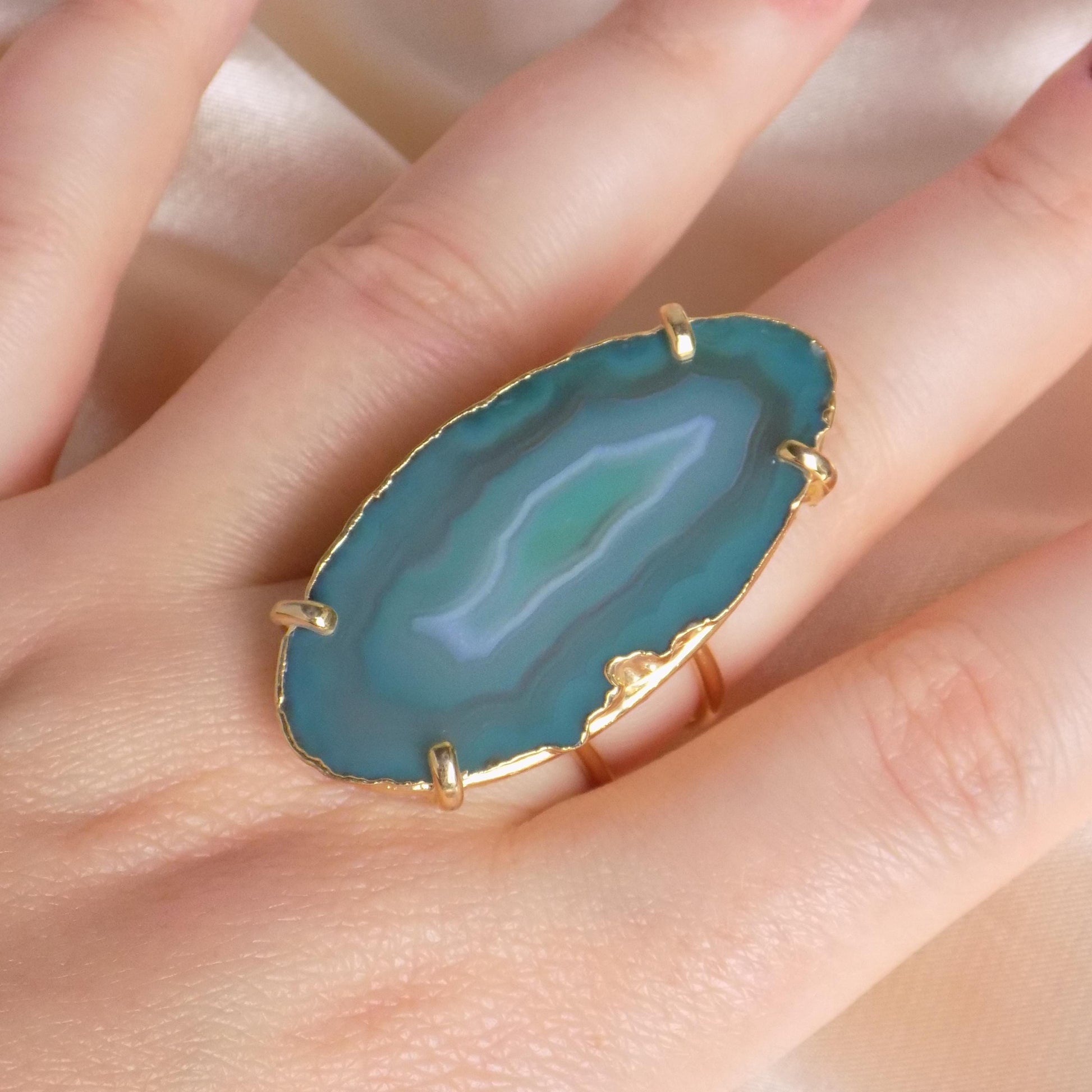 Unique Green Agate Ring Statement, Sliced Geode Ring, Boho Large Stone, Raw Crystal Ring Gold Adjustable, G15-163