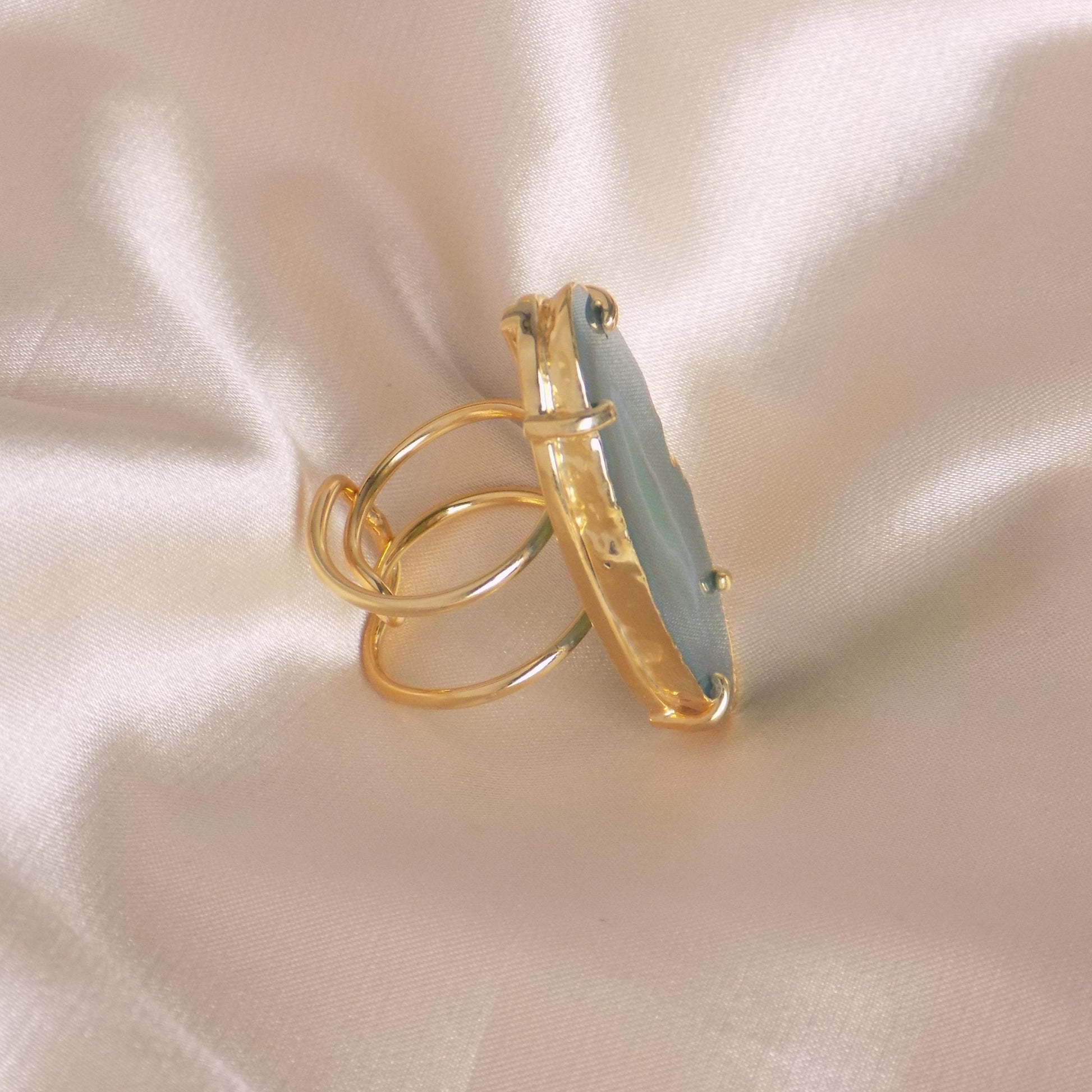 Unique Green Agate Ring Statement, Sliced Geode Ring, Boho Large Stone, Raw Crystal Ring Gold Adjustable, G15-163