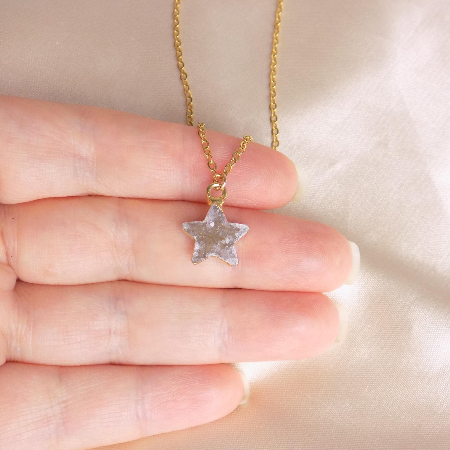Tiny Star Natural Druzy Crystal Necklace on 18K Gold Stainless Steel Chain, G15-25