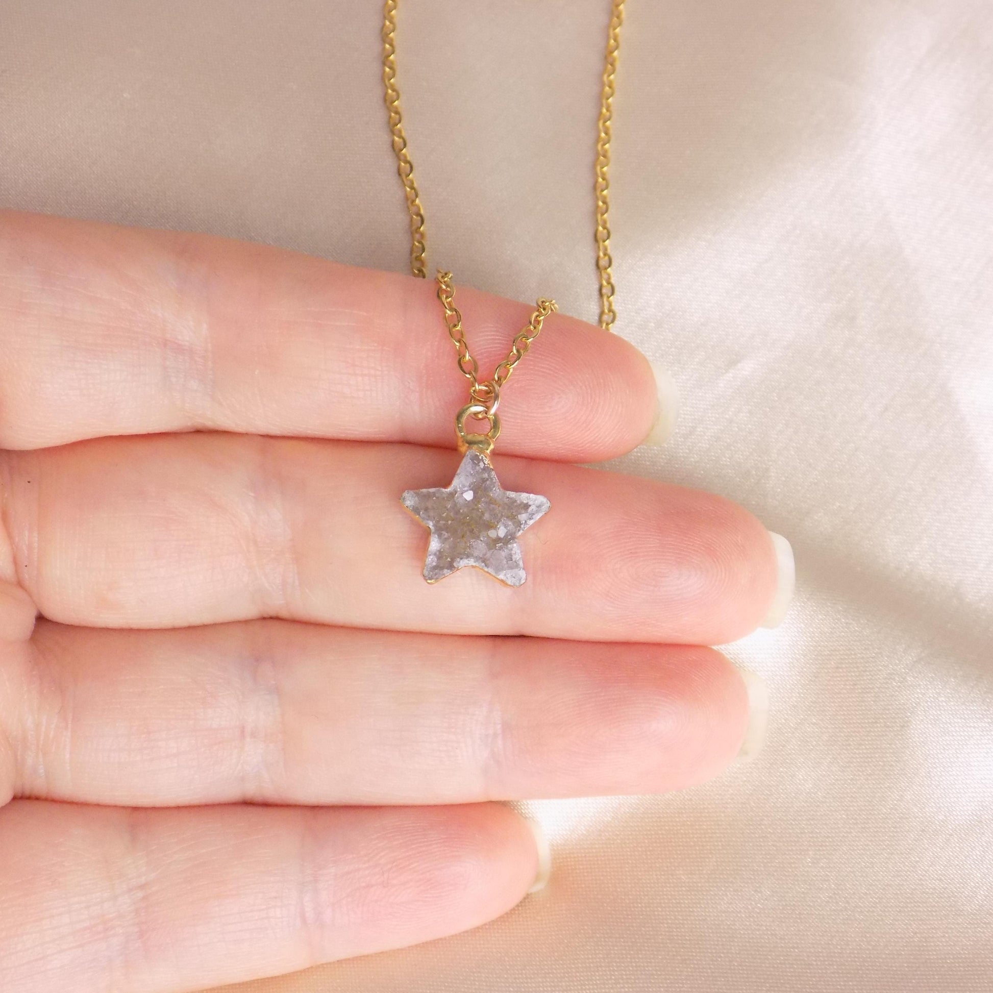 Tiny Star Natural Druzy Crystal Necklace on 18K Gold Stainless Steel Chain, G15-25