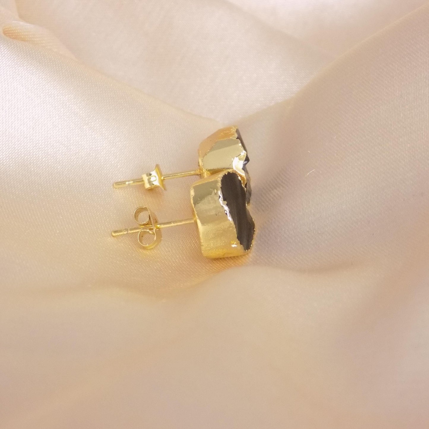 Raw Black Obsidian Stud Earrings, Rough Crystal Earrings Gold, Boho Gemstone, Gift Women, M7-329