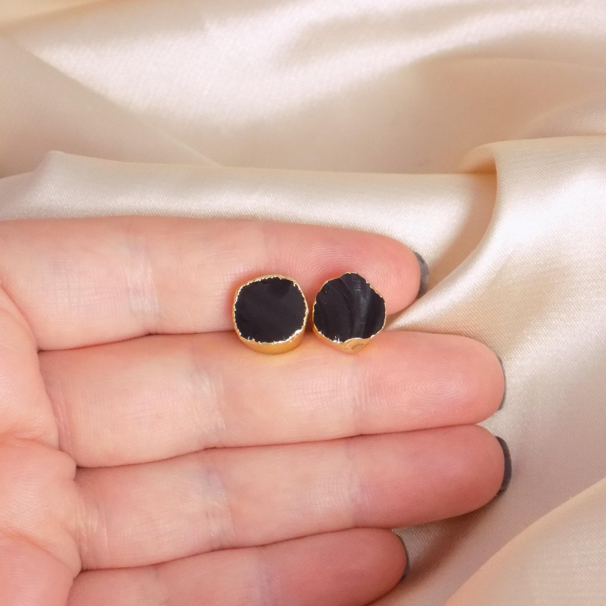 Raw Black Obsidian Stud Earrings, Rough Crystal Earrings Gold, Boho Gemstone, Gift Women, M7-329