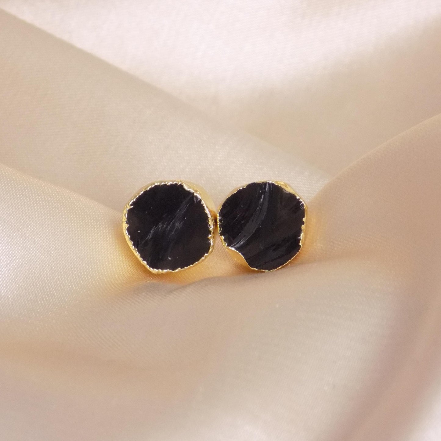 Raw Black Obsidian Stud Earrings, Rough Crystal Earrings Gold, Boho Gemstone, Gift Women, M7-329