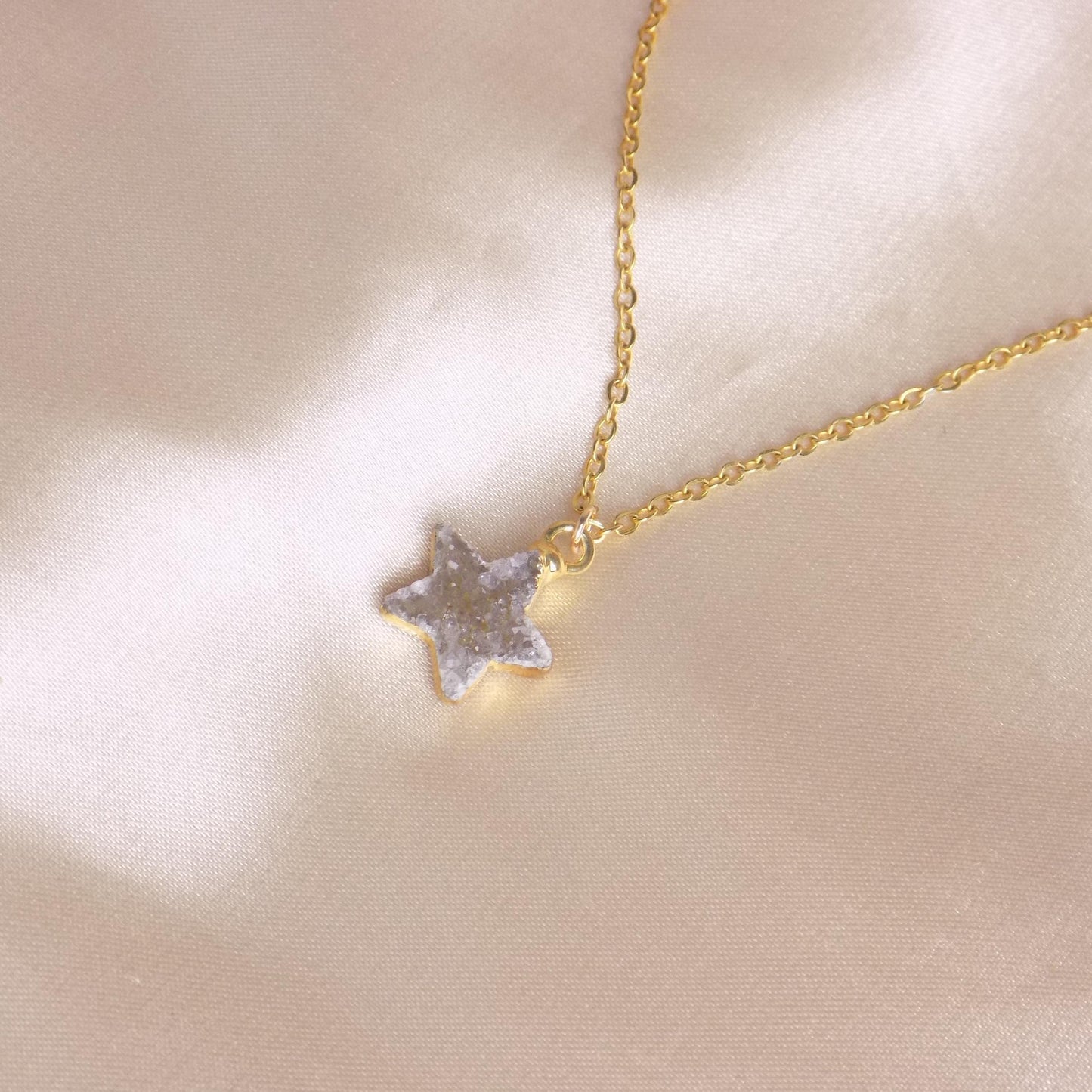 Tiny Star Natural Druzy Crystal Necklace on 18K Gold Stainless Steel Chain, G15-25