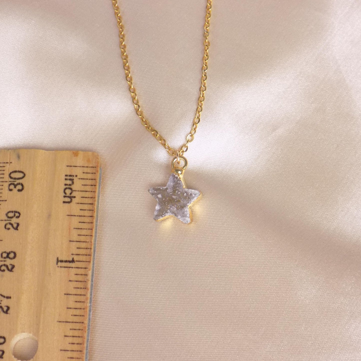 Tiny Star Natural Druzy Crystal Necklace on 18K Gold Stainless Steel Chain, G15-25