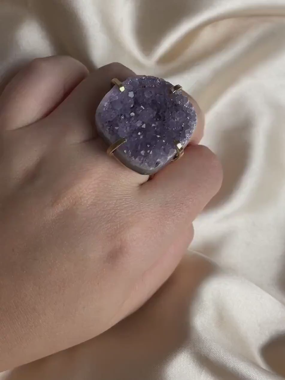 Large Amethyst Ring Gold Adjustable, Purple Raw Druzy Ring For Women, Statement Crystal Ring, Christmas Gift Women, G15-149