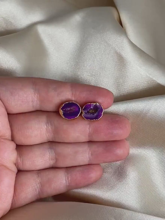 Unique Pink Gemstone Stud Earrings Gold, Geode Cave Crystal Earrings, Gift Women, G15-71