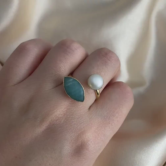 Amazonite Ring, Freshwater Pearl Ring, Gold Adjustable Multistone Statement Rings, Gift Women, M6-739