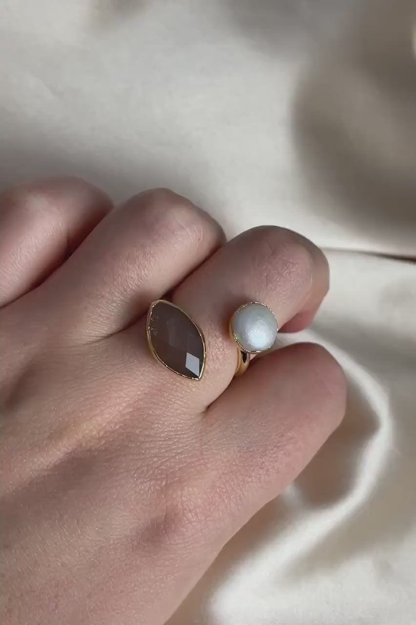 Sunstone And Pearl Multi Stone Ring Gold Plated Adjustable, Mothers Day Gift, M6-781