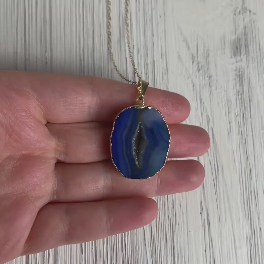 Gift Women, Geode Necklace, Blue Druzy Necklace, Slice Agate Necklace, Gemstone Necklace, Boho Necklace, Gold Layer, Stone Necklace G14-732