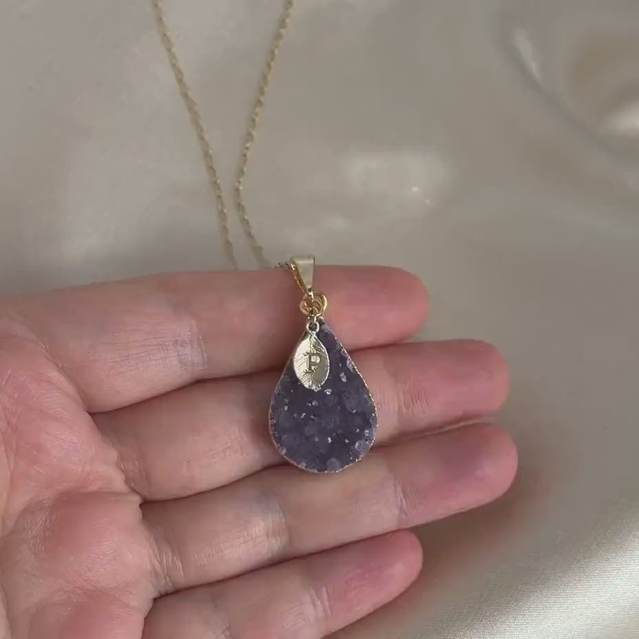 Personalized Amethyst Necklace Gold, Teardrop Druzy Pendant, 14K Gold Filled Chain, Christmas Gift For Wife, G14-742