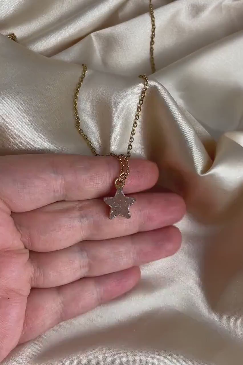 Tiny Star Natural Druzy Crystal Necklace on 18K Gold Stainless Steel Chain, G15-25