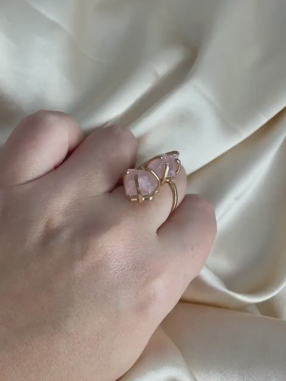 Adjustable Gold Ring with Raw Natural Rose Quartz - Elegant Dual Stone Statement Ring in Light Pink, G15