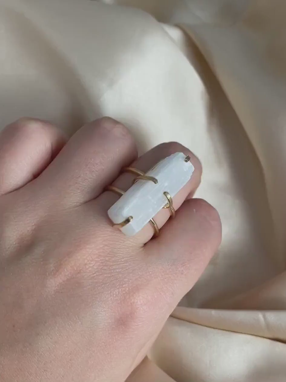 White Selenite Ring Gold, Raw Chakra Crystal Ring, Large Natural Gemstone Adjustable, Gift Women, G15-80