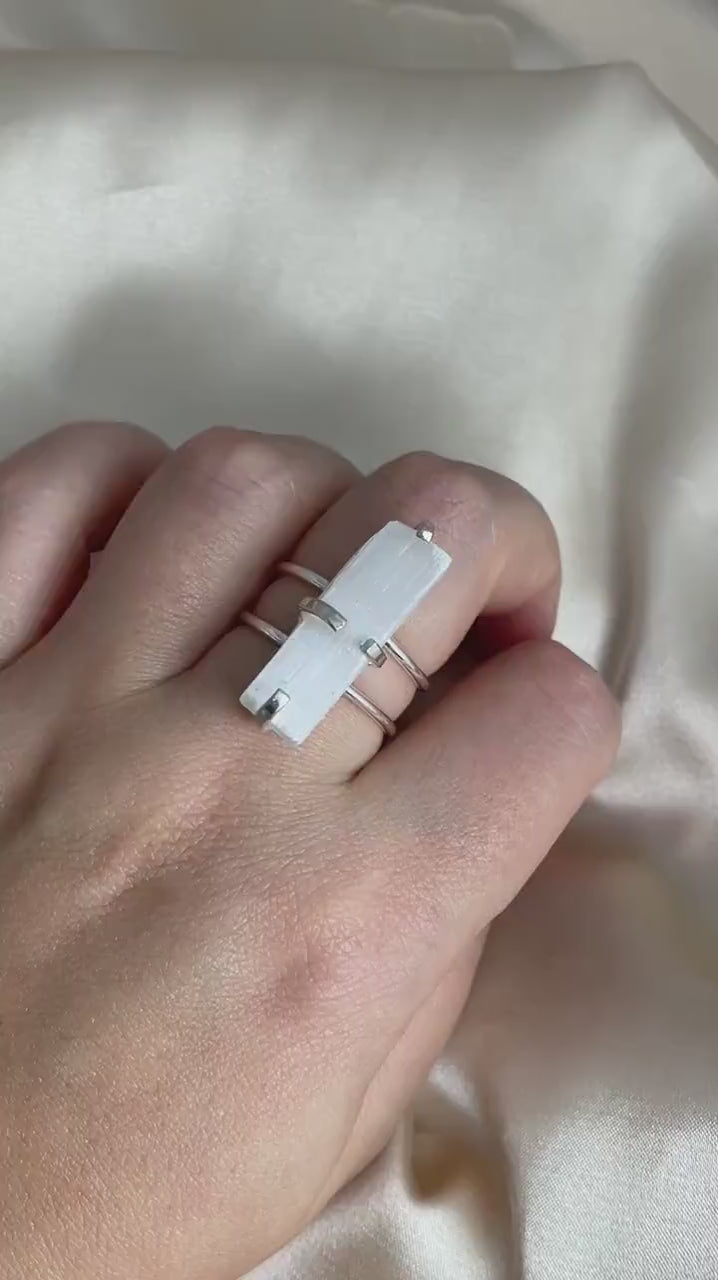 White Selenite Ring Silver Adjustable, Cleansing Healing Crystal Rings for Women, Christmas Gifts For Her, G15-158