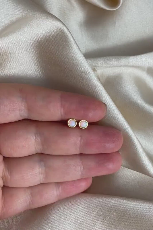 Tiny Opal Stud Earrings Gold, 4mm, October Birthstone Studs, Gift Women, M6-786