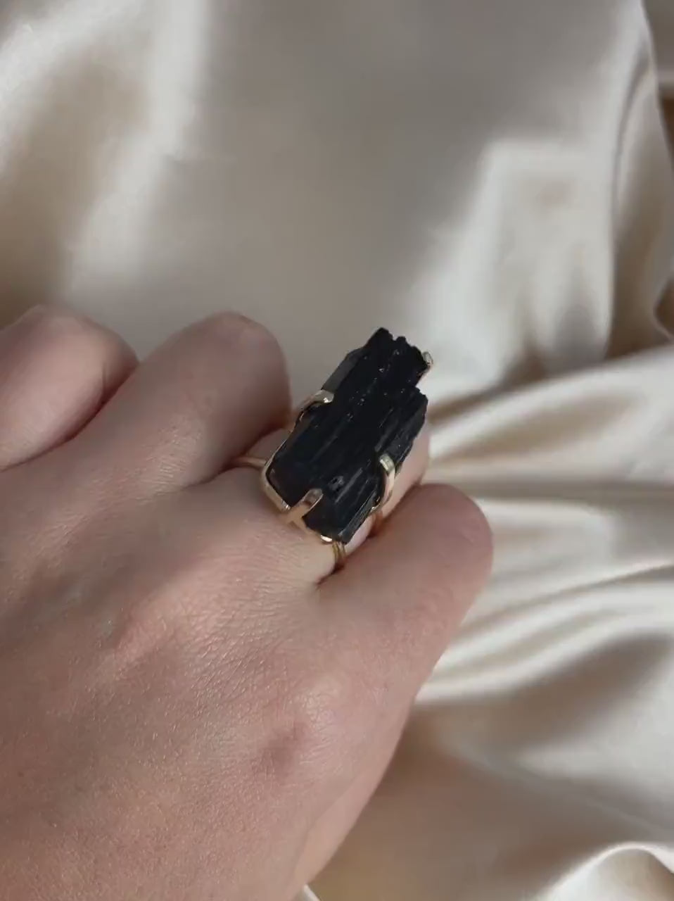 Raw Black Tourmaline Ring Gold Adjustable, Large Black Stone Statement Ring, Gifts For Her, G15-104