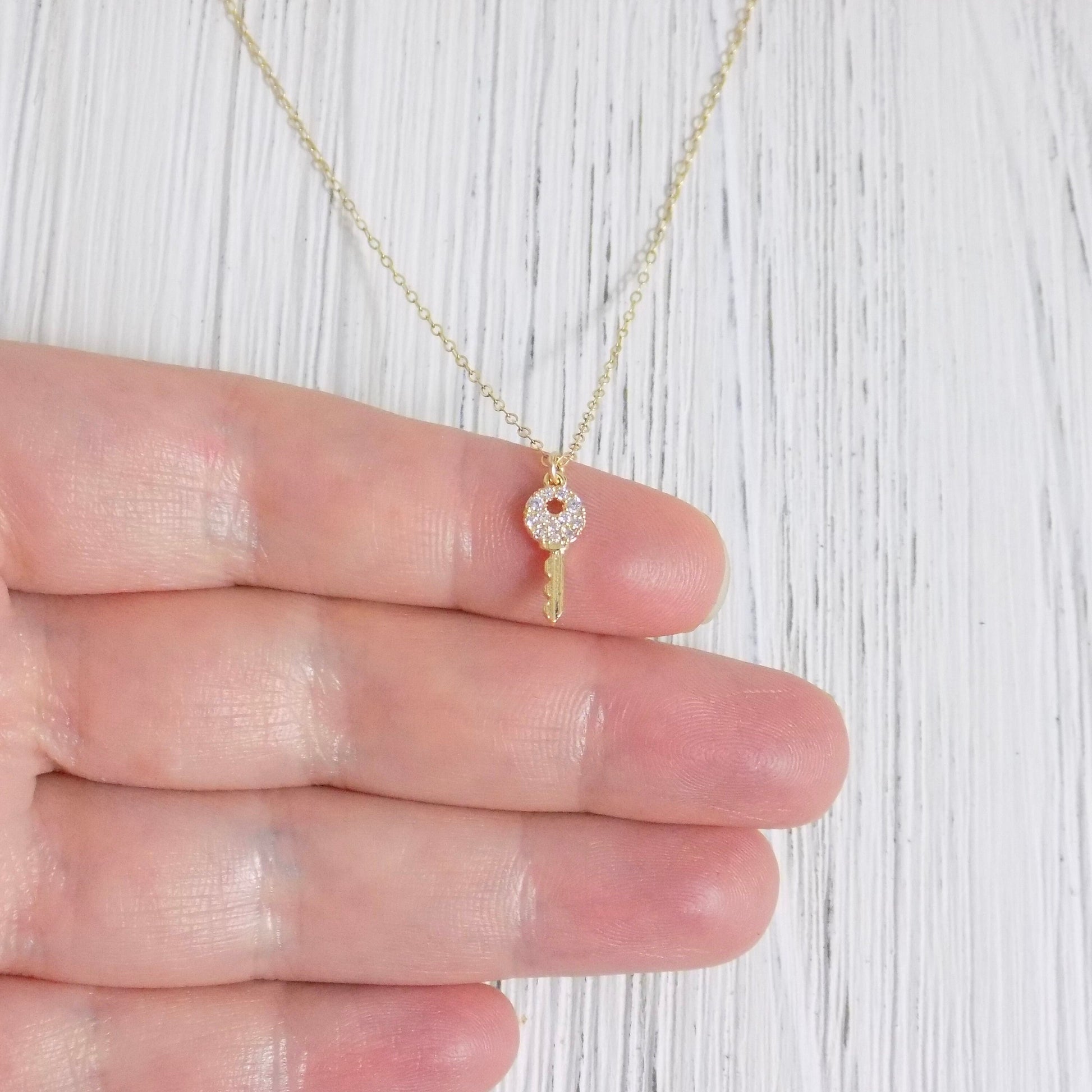 Tiny Key Necklace Gold, Cubic Zirconia Layering Necklace Simple Trendy, Gift For Girlfriend, L4-53