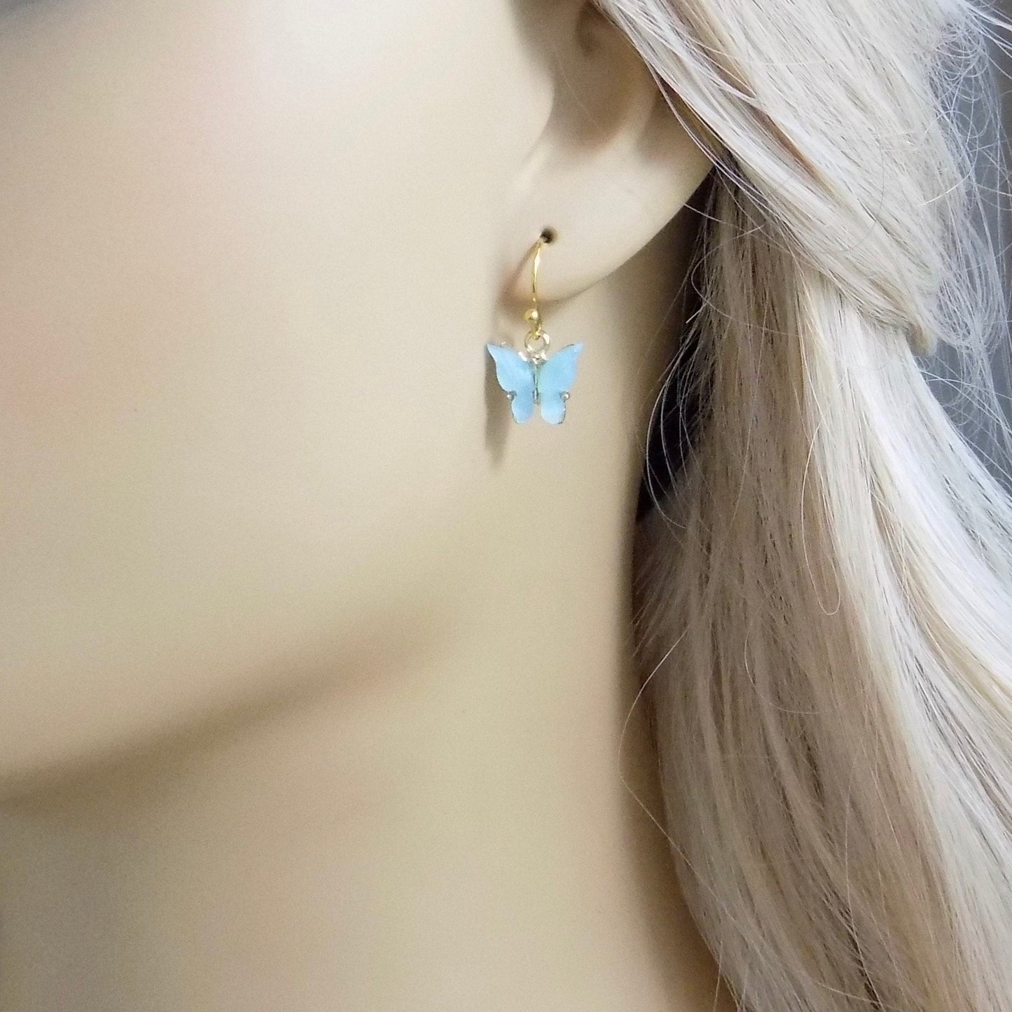 Small Butterfly Drop Earrings Blue and Gold Minimalist Dangle, L2-17