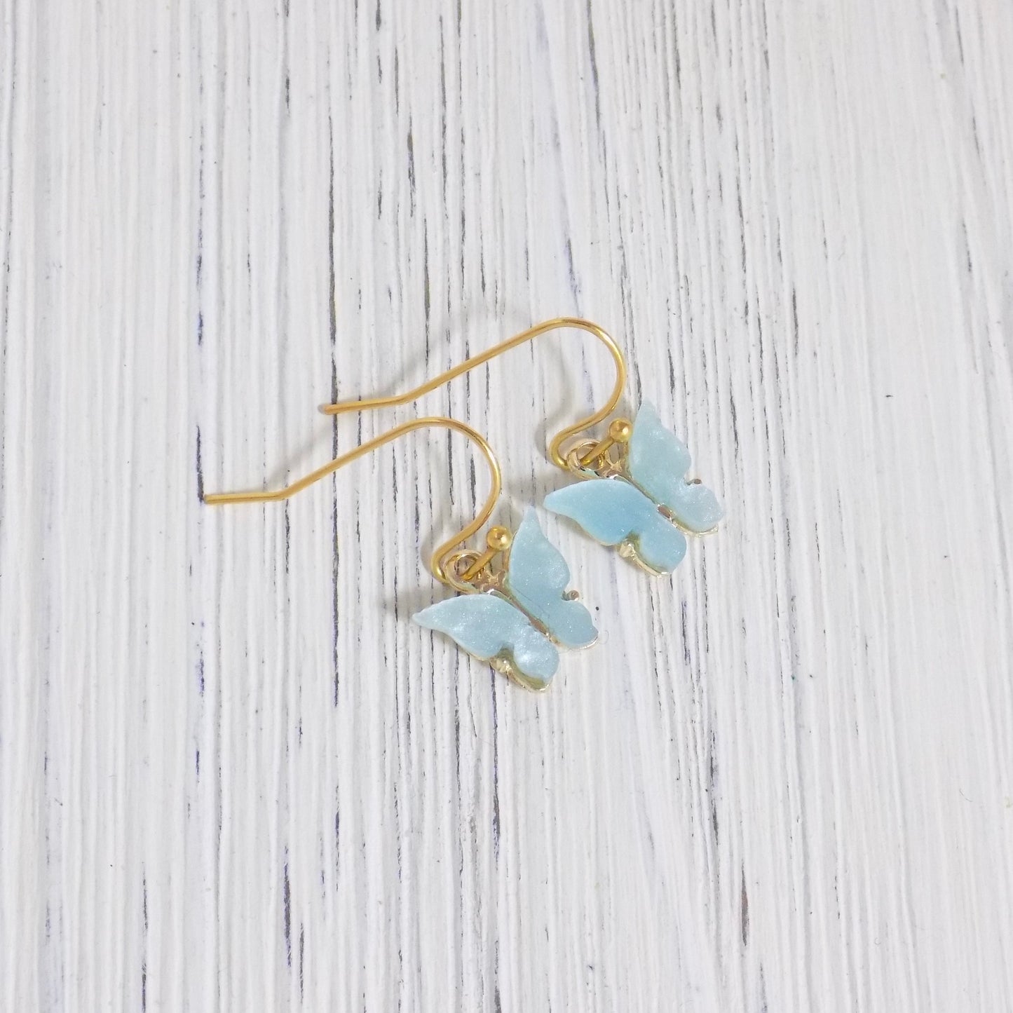 Small Butterfly Drop Earrings Blue and Gold Minimalist Dangle, L2-17