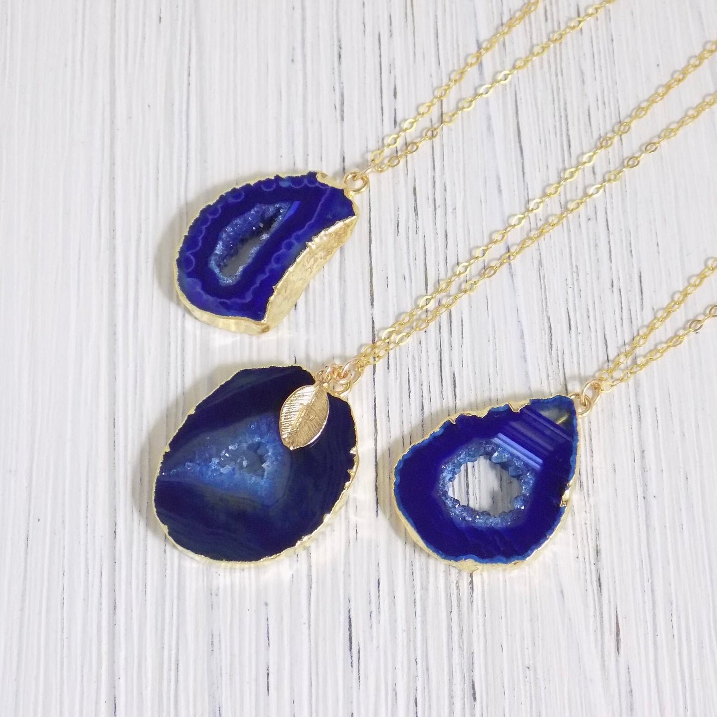 Druzy Necklace, Blue Agate Necklace, Geode Necklace Gold, Drussy Gemstone Pendant, Boho Layering Necklace, September Birthday Gift, G12-92