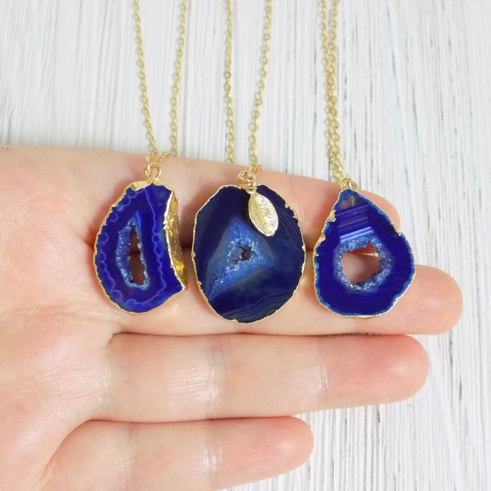 Druzy Necklace, Blue Agate Necklace, Geode Necklace Gold, Drussy Gemstone Pendant, Boho Layering Necklace, September Birthday Gift, G12-92